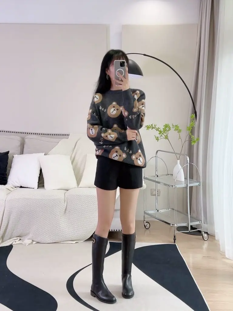 明星同款Tata他她英伦黑骑士骑士靴女加绒长筒靴7TG80DG3