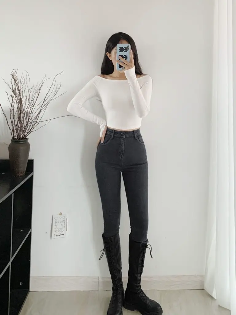 [维迪美]高腰牛仔裤女加绒九分紧身小脚秋冬显瘦烟灰色铅笔裤子