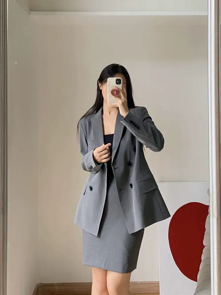 TAIYANG自制高级感通勤灰色双排扣西装外套女裙子套装气质秋