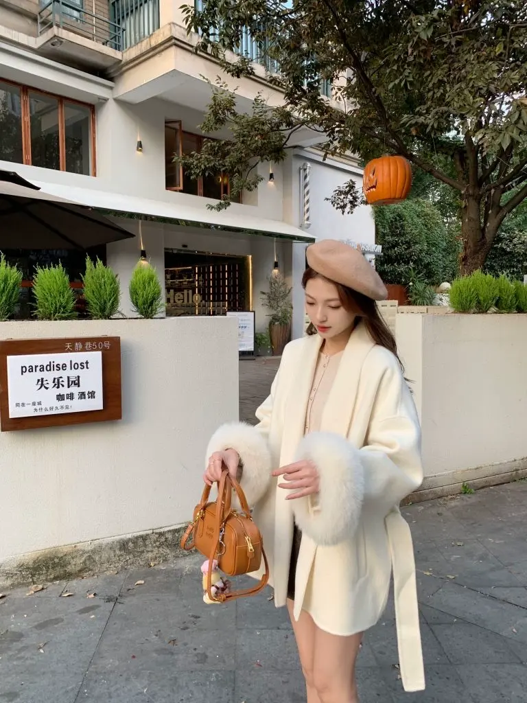 楚楚 双面呢外套女中长款狐狸毛袖口小个子气质系带翻领浴袍大衣