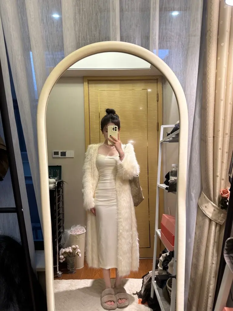 一颗甜桃yikett《迷人白月光》长毛仿貂绒针织女开衫外套长款外搭