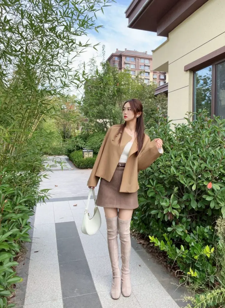 [萱乐莎儿]过膝靴女冬季弹力长筒靴卡其色靴子绒面长靴加绒瘦瘦靴小个子灰色