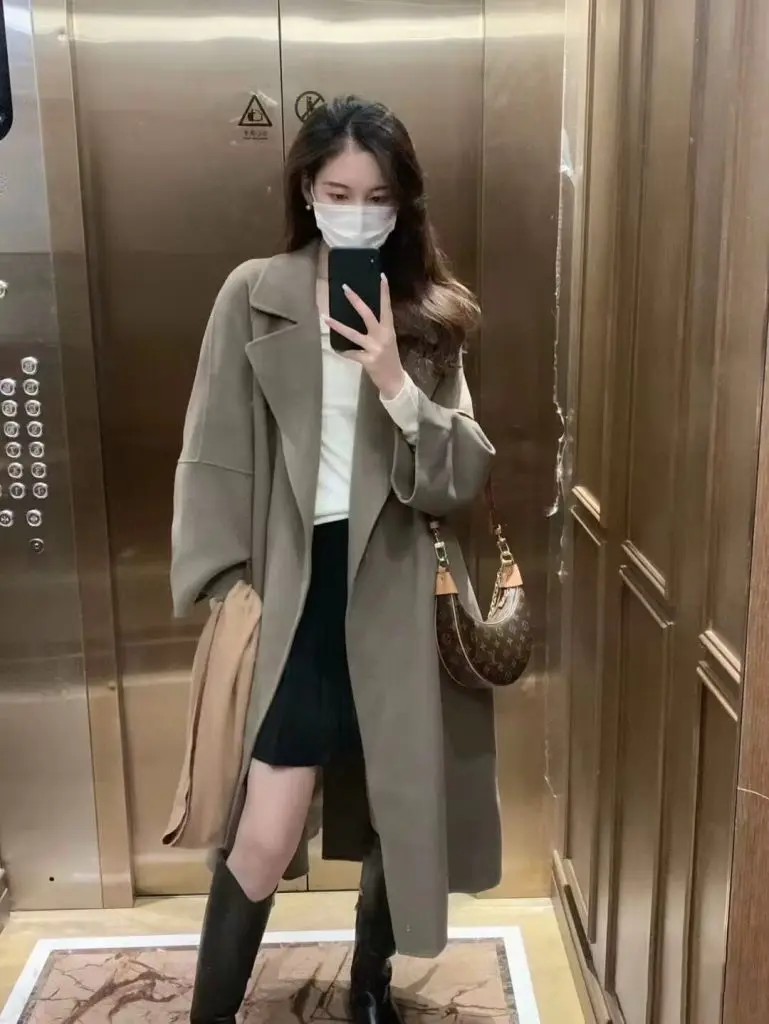 [酒酒家的大衣]高级感秋冬灰色双面羊绒大衣女宽松慵懒风毛呢中长款羊毛外套