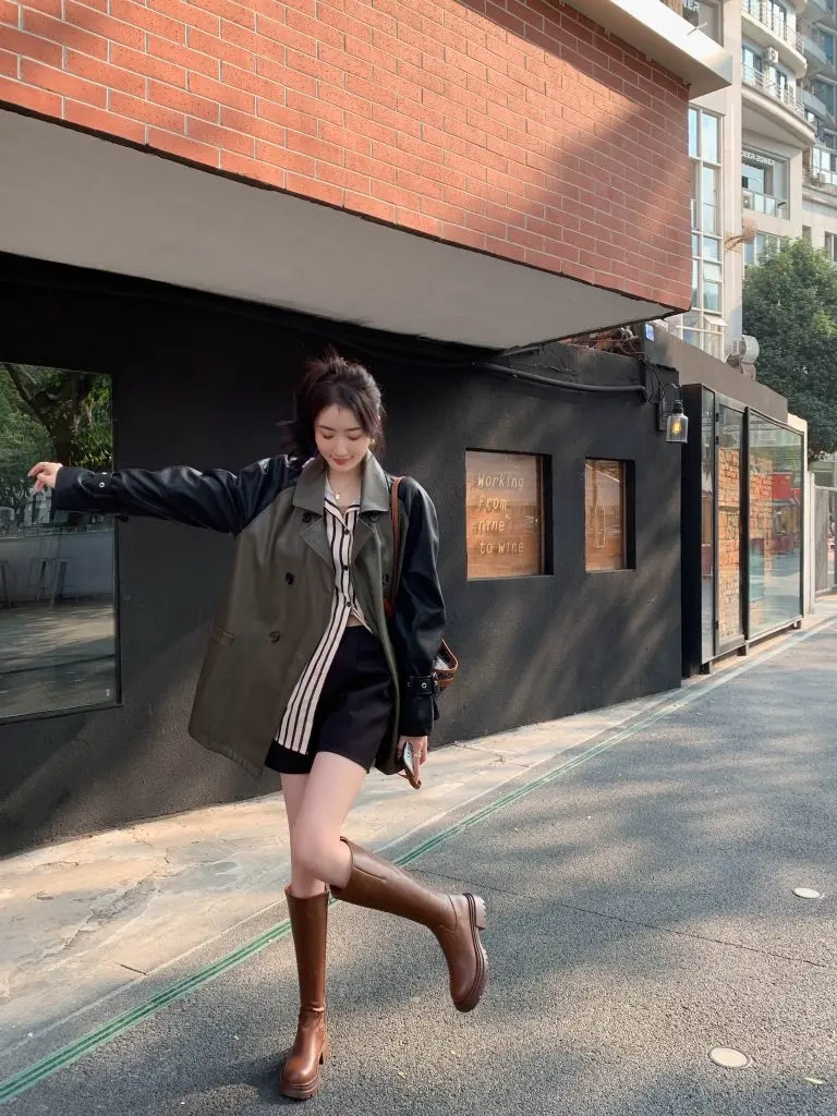 非侈Feichi 酷Girl~真皮圆头厚底骑士靴女秋冬复古棕色粗跟长筒靴