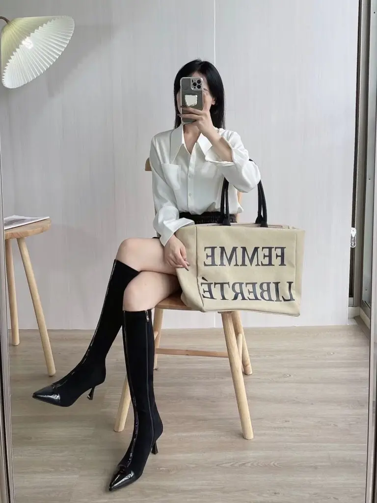 [CHARMING KARY]卡其色长靴女秋冬真皮尖头高跟弹力显瘦长筒靴大码法式瘦瘦靴