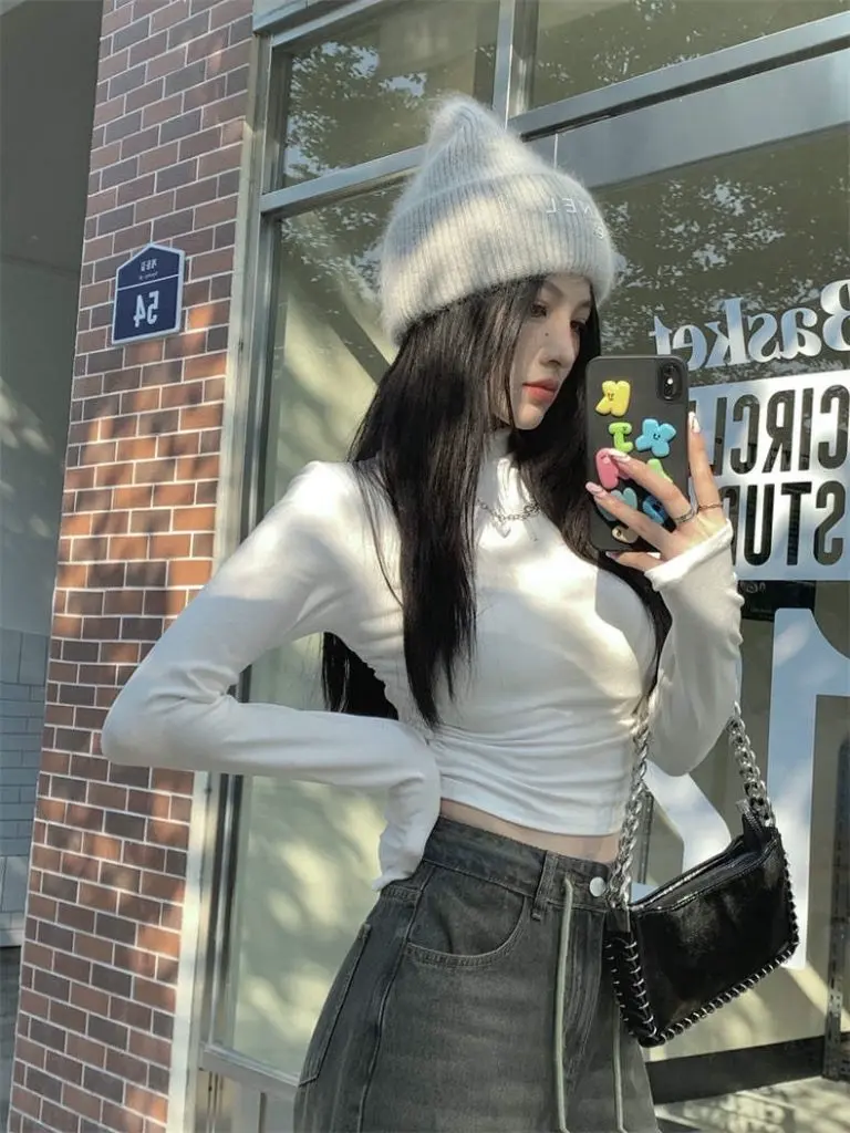 [花娴]白色半高领长袖t恤女秋冬装纯欲辣妹紧身显胸上衣修身打底衫内搭