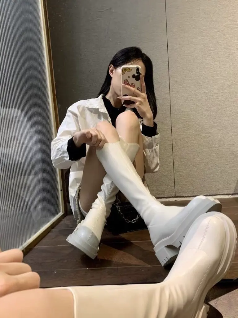 [橙喵喵女鞋]长筒靴女秋冬真皮v口高筒厚底白色长靴增高显瘦骑士靴子