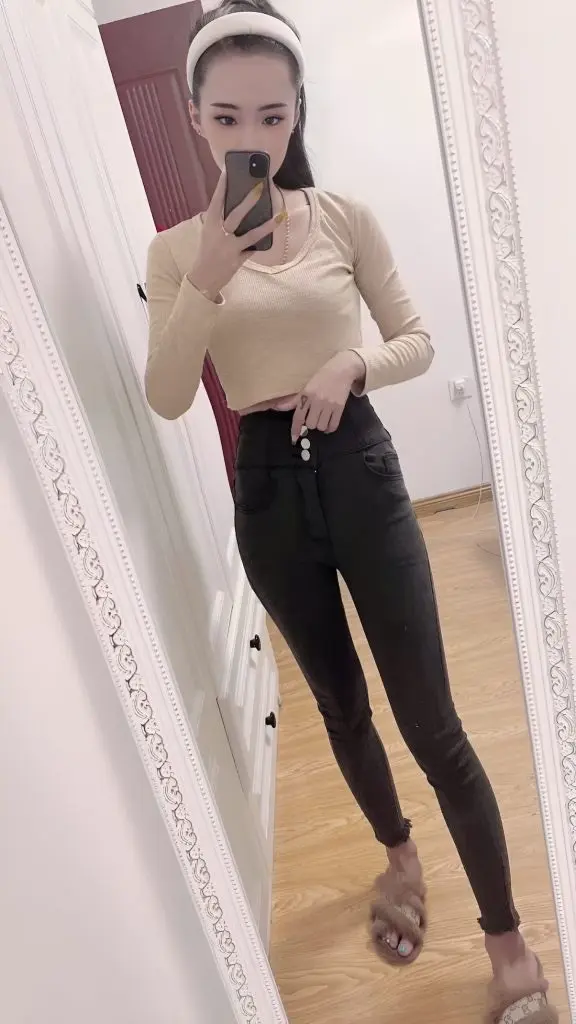[菲萨图]网红灰色紧身交叉性感牛仔裤女秋季高腰弹力显瘦小脚裤子