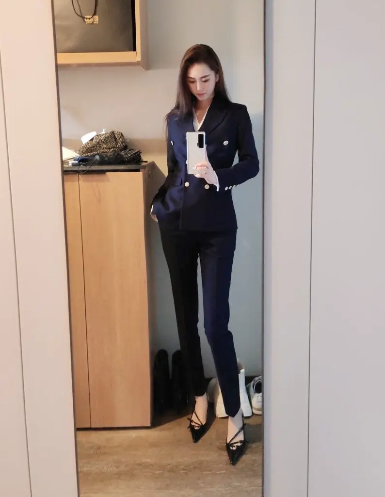 [YIXIN原创设计]冬季藏青色修身长裤职业西装套装女气质通勤正装面试工作服