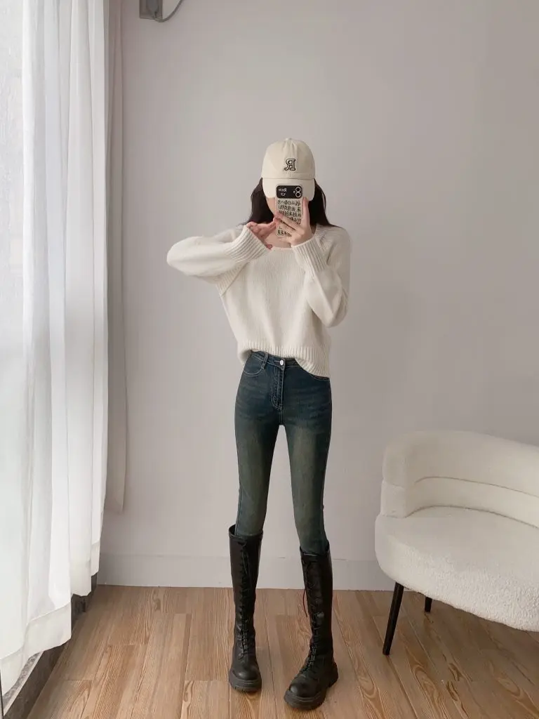 [兮诺雪]复古紧身牛仔裤女高腰显瘦小脚小个子铅笔裤秋冬修身弹力