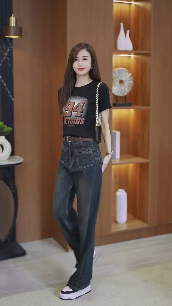 [歌姿伊]直筒复古水泥灰牛仔裤女秋冬高腰冬季美式窄版大码加绒阔腿裤