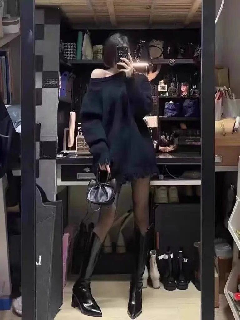 [黛维魅]高筒靴V口长筒靴女粗跟高跟靴小个子长靴百搭骑士靴