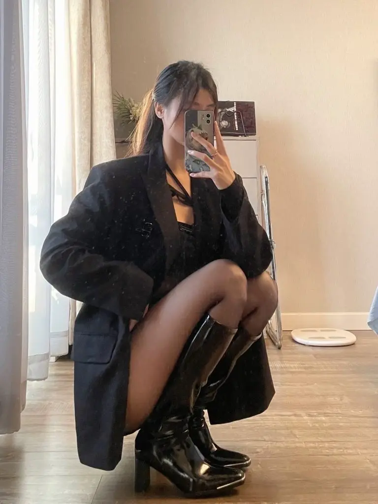 LINNEIYA林内娅 性感辣妹~粗跟拉链骑士靴方头漆皮长靴肯豆同款高跟长筒靴