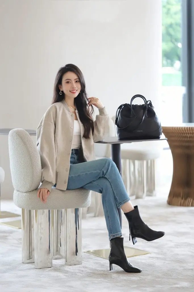 ANNSELECTION法式复古酒红短靴女春秋单靴炸街高跟扁跟小方头瘦瘦靴