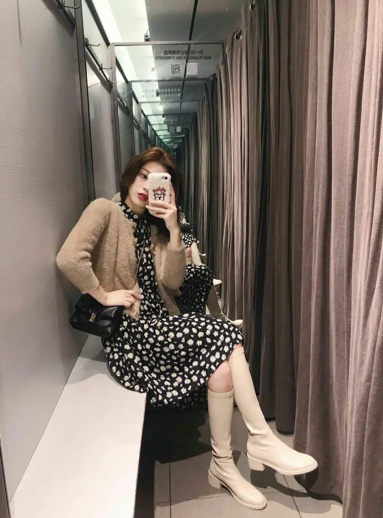 Bliss boon闭眼收！韩国后拉链及膝中跟真皮高筒米白不过膝长靴女