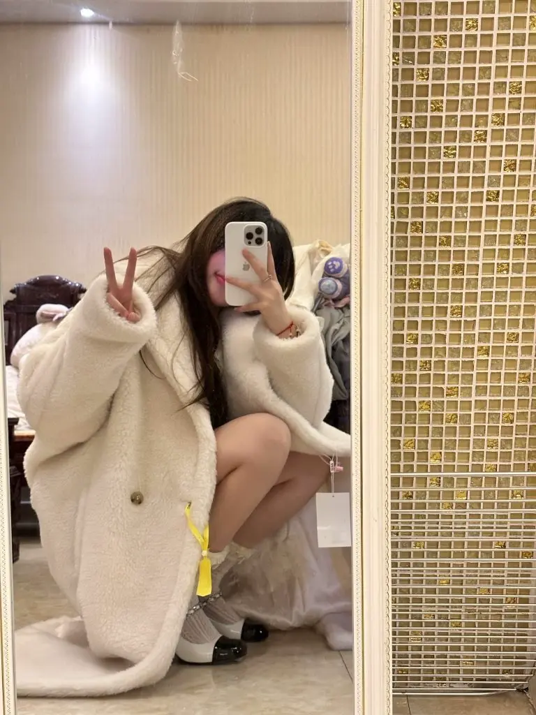 [IN77叁拾而已]奶白色M家泰迪熊大衣廓形羊驼毛中长款teddy皮草外套女