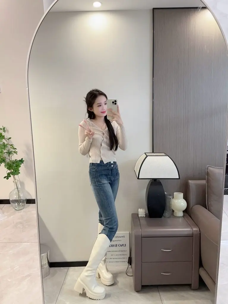 [小仙女的鞋柜]真皮长靴女小个子不过膝秋冬加绒高筒骑士靴厚底粗高跟靴