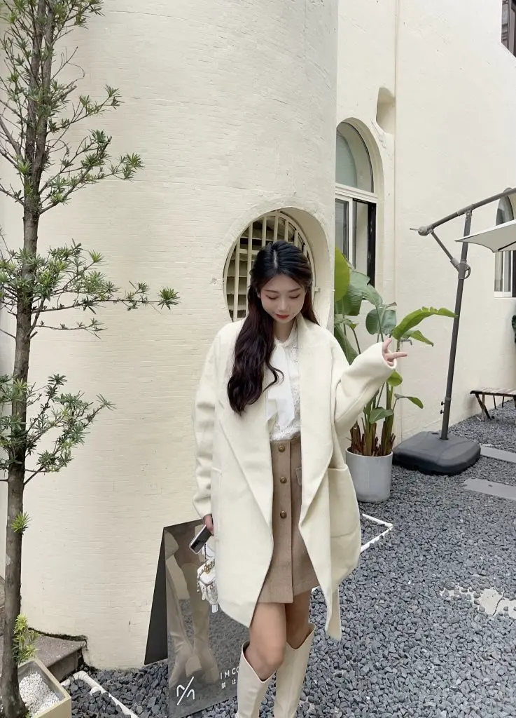 [李智雅轻奢皮草]高级双面羊绒驼羊毛呢大衣女秋冬韩版中长开衫外套