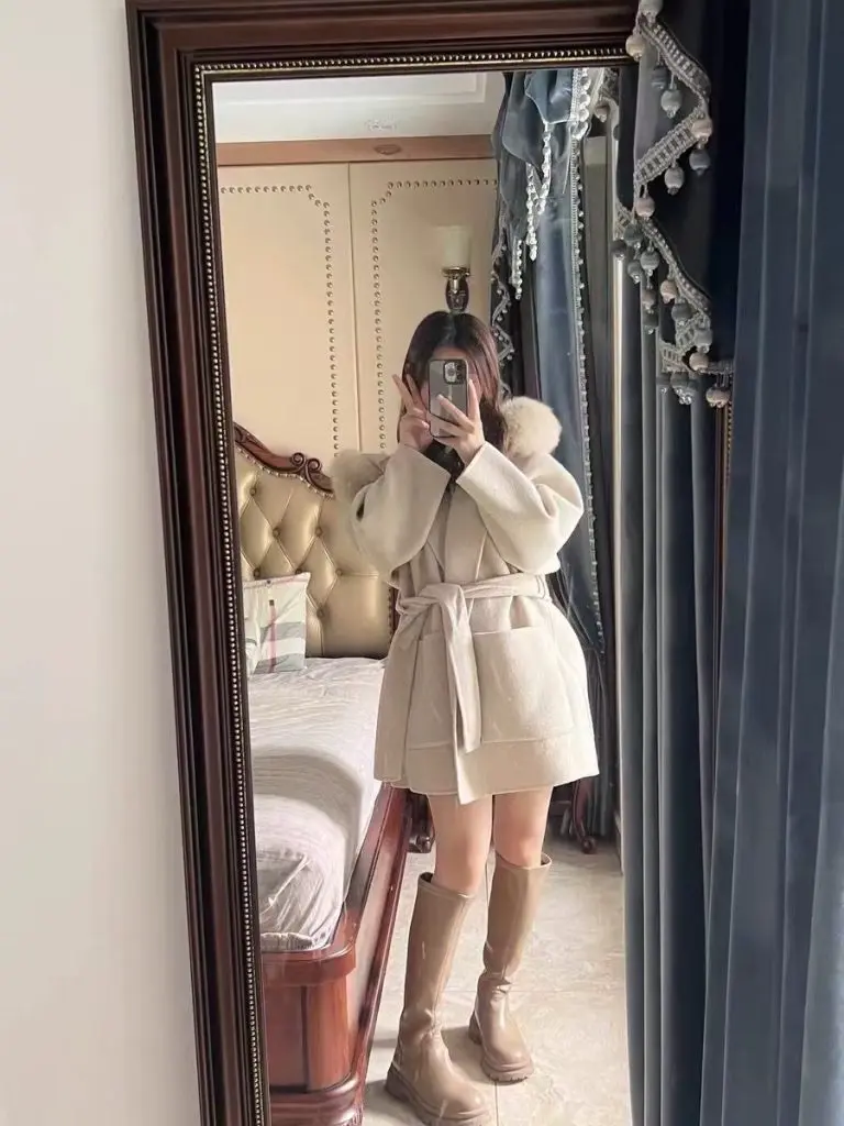 [傲百丽]卡其色长筒靴女真皮欧货爆款靴子内增高加绒小个子不过膝长靴