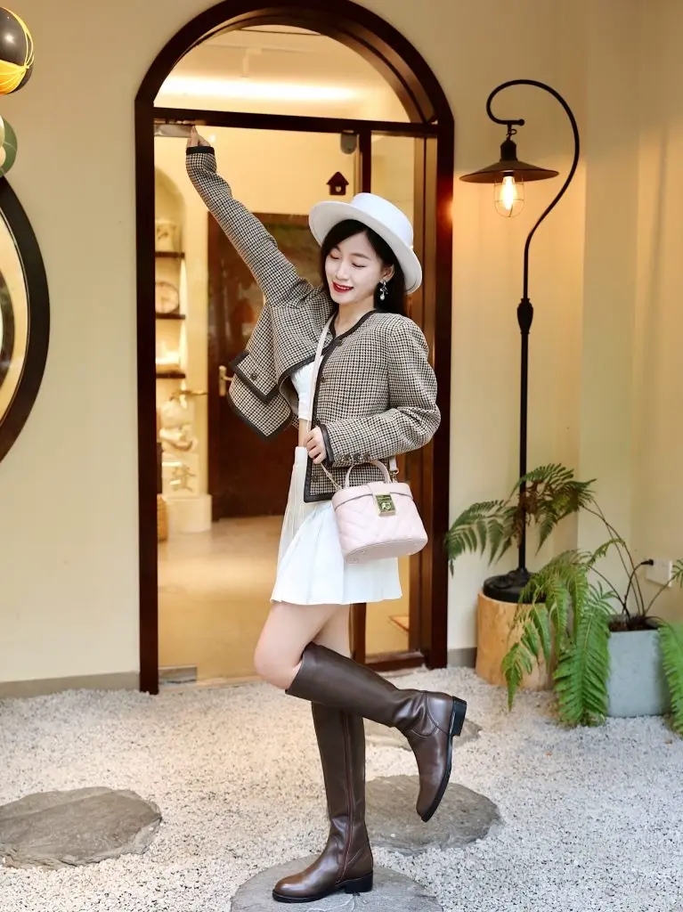 [波尔谛奇]里外全皮不过膝长靴女秋冬长筒靴高筒骑士靴