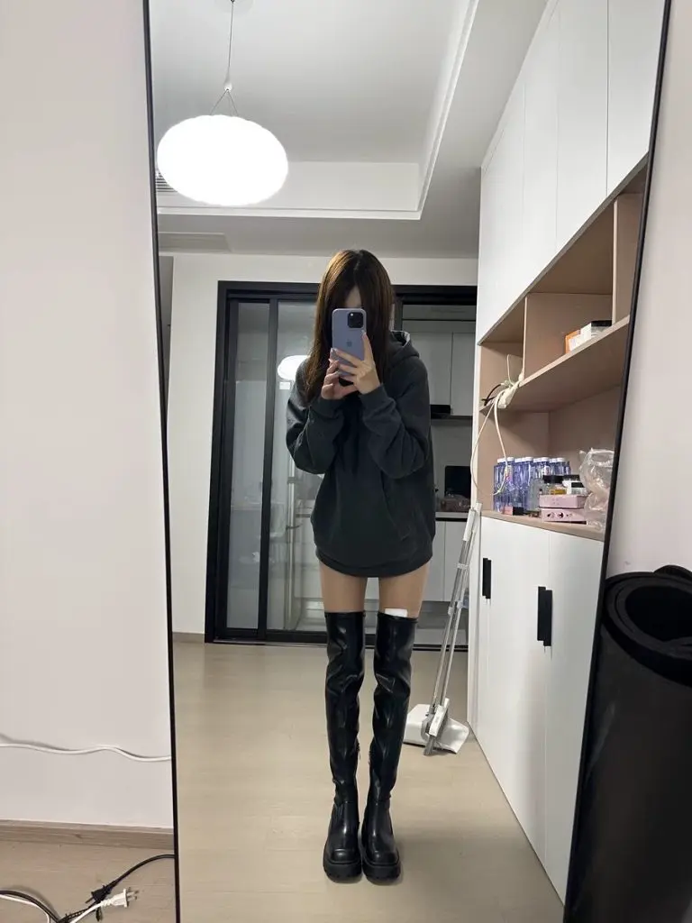 [范学长]巨性感过膝长靴女粗腿厚底瘦瘦靴增高黑色弹力靴