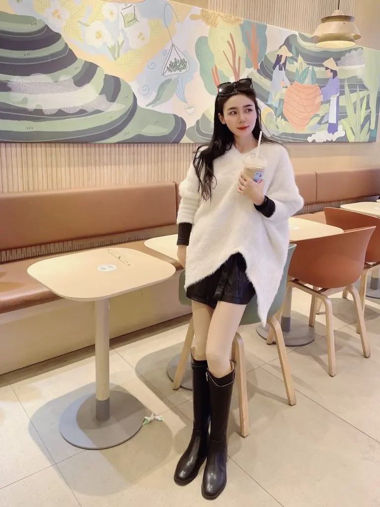 [biiya比雅独立工作室]ins一丝情意！巨显瘦~真皮斜口凯旋门金扣高筒骑士靴女低跟长筒靴