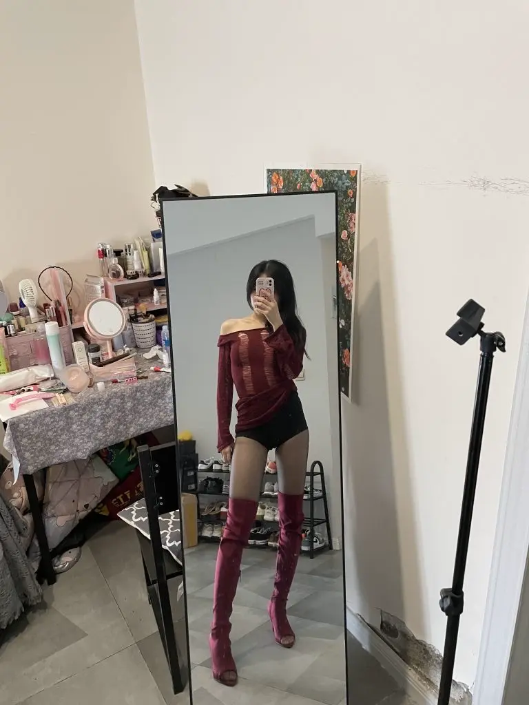 [KLOSET FOR HEELS]酒红色爵士舞高跟鞋舞鞋酒杯跟长筒靴弹力高跟靴圣诞跳舞女