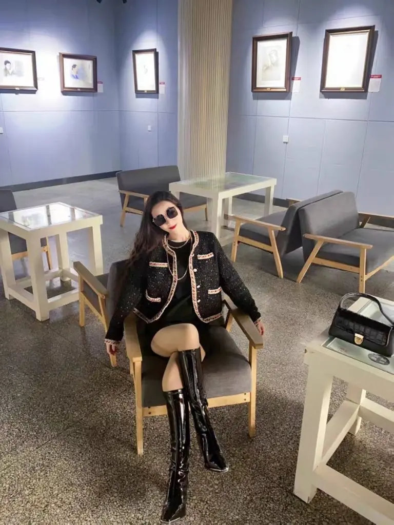 [阡陌俏佳人]肯豆同款显瘦长靴女漆皮高跟骑士靴高筒弹力长筒靴粗跟方头皮靴潮