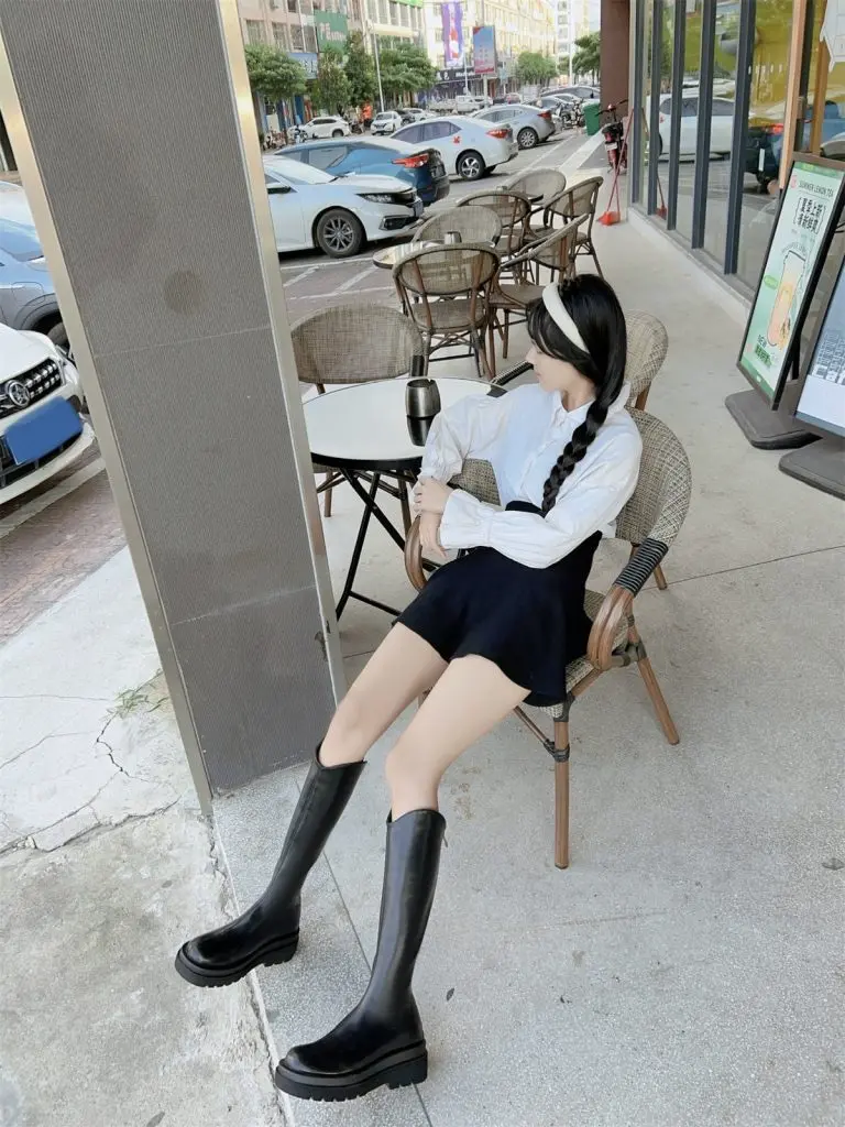 [骄屿]小筒围长筒靴女冬瘦瘦靴显瘦小个子v口骑士靴长靴厚底高筒靴