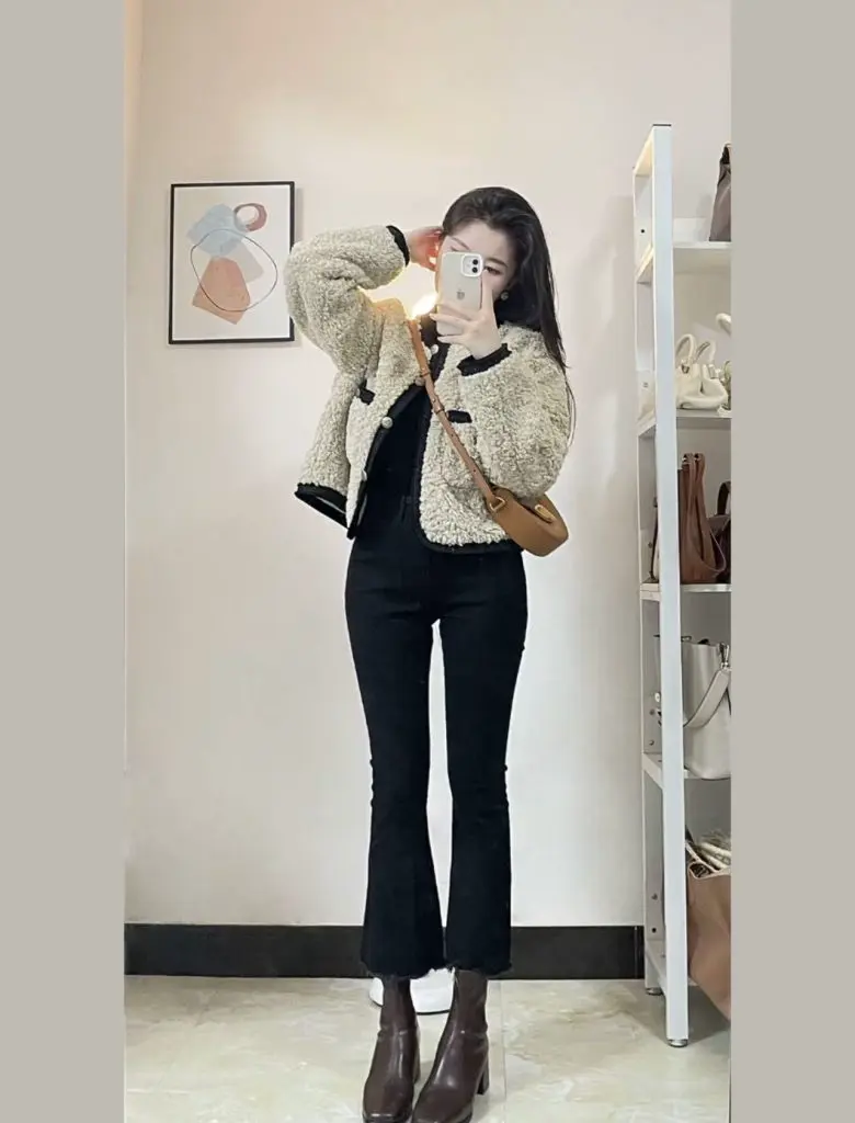 [珊妮家]黑色高跟短靴女秋冬法式粗跟瘦瘦靴加绒方头马丁靴小踝靴