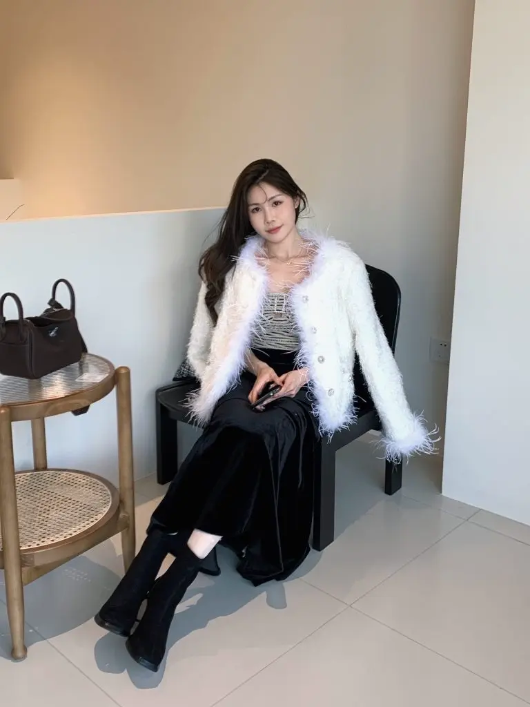 [大崔设计女鞋]高级感高跟鞋秋冬绒面粗跟瘦瘦靴黑色百搭方头厚底短靴女