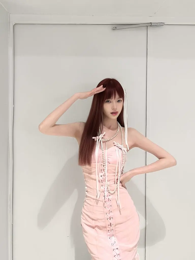 [MMiko]夏日甜粉 交叉绑带收腰修身显瘦性感抹胸包臀弹力抹胸连衣裙