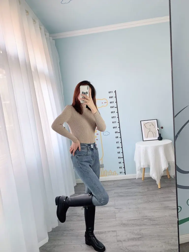 [歌族]高腰加绒牛仔裤女九分冬季修身显瘦显高紧身弹力小脚长裤