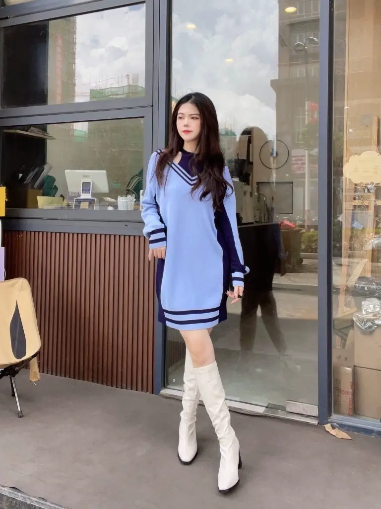 [搜酷美]康莉达 奶白色不过膝长靴女高跟小个子中筒高筒骑士靴粗跟显瘦弹力靴