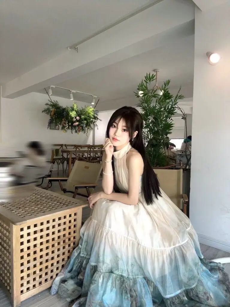 [Aconiconi]卢浮画映 新中式国风印花连衣裙挂脖长裙度假大摆半裙