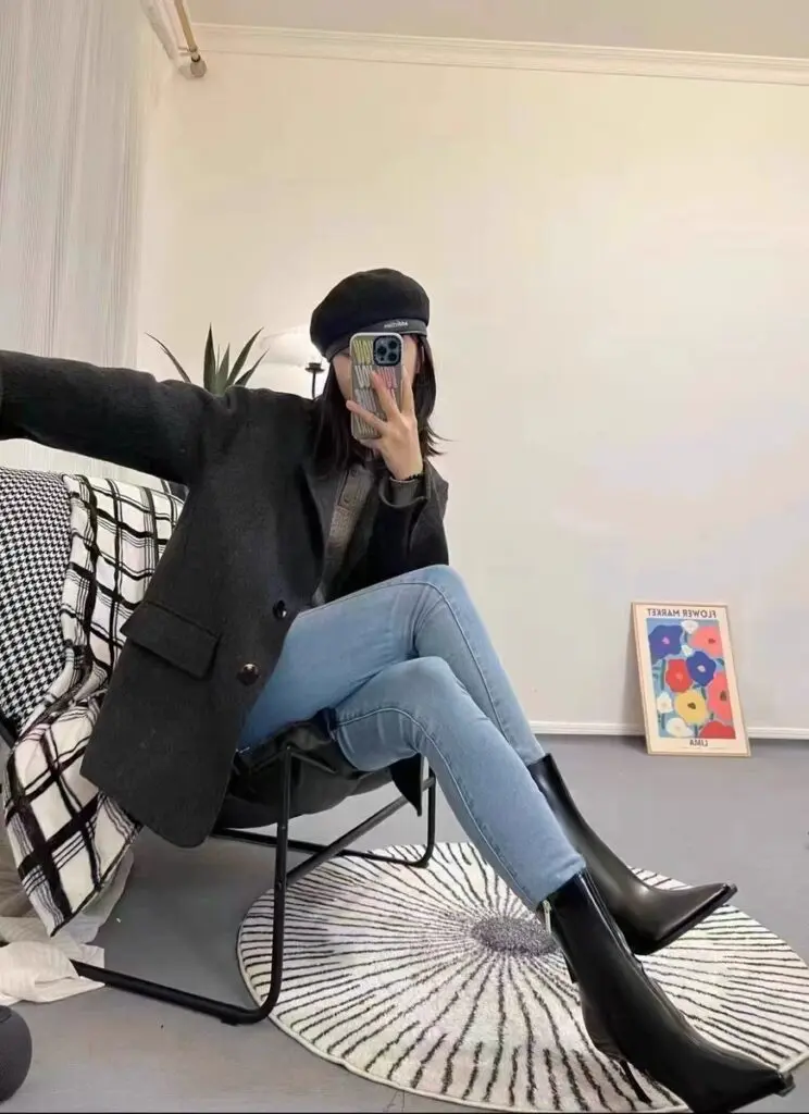 [古莉塔 GULITA]尖头高跟靴子女细跟气质漆皮裸靴瘦瘦靴短靴女秋冬复古皮靴