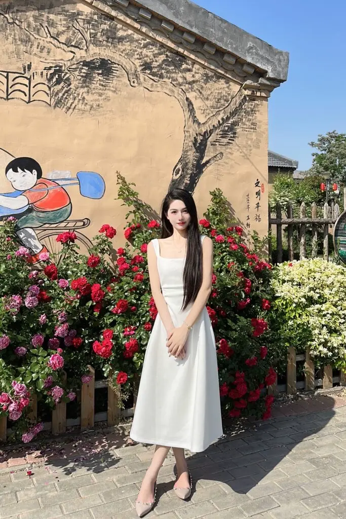 [梦花妃]白色吊带连衣裙子女夏季春秋长袖法式小个子初恋收腰长裙