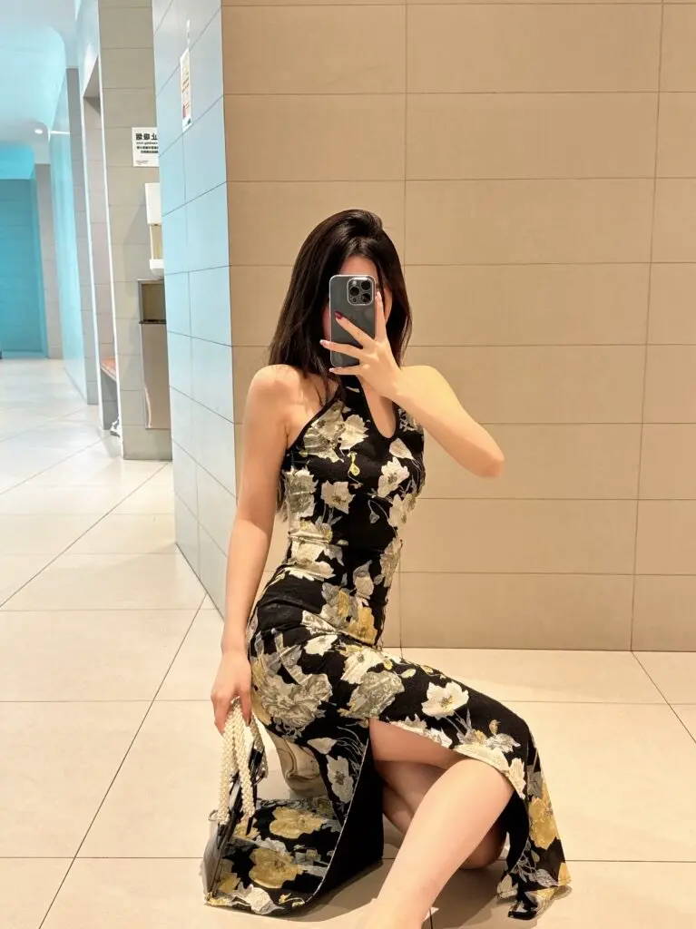 [Gill Judith韩雨嘉]黑色新中式无袖挂脖旗袍连衣裙女夏季国风复古显瘦开叉长裙