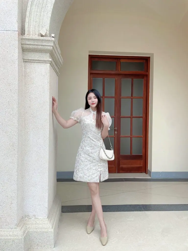 [AUI]杏色新中式旗袍改良连衣裙女夏季网纱泡泡袖修身a字裙