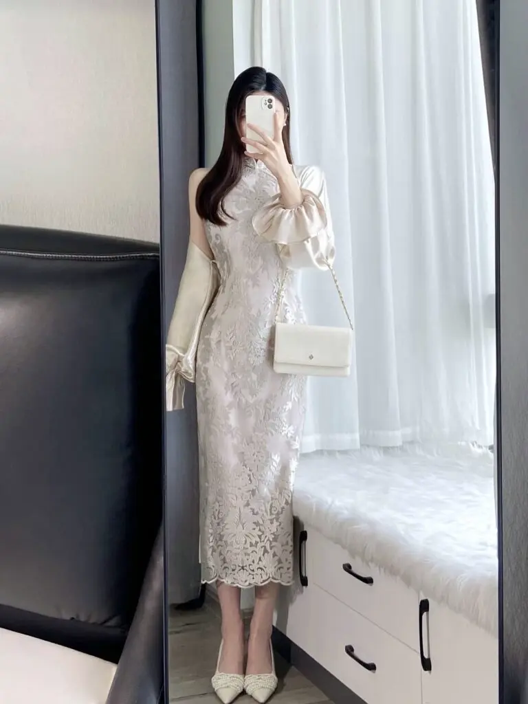 [仰世]涓涓 新中式连衣裙白色开叉国风夏季修身改良旗袍