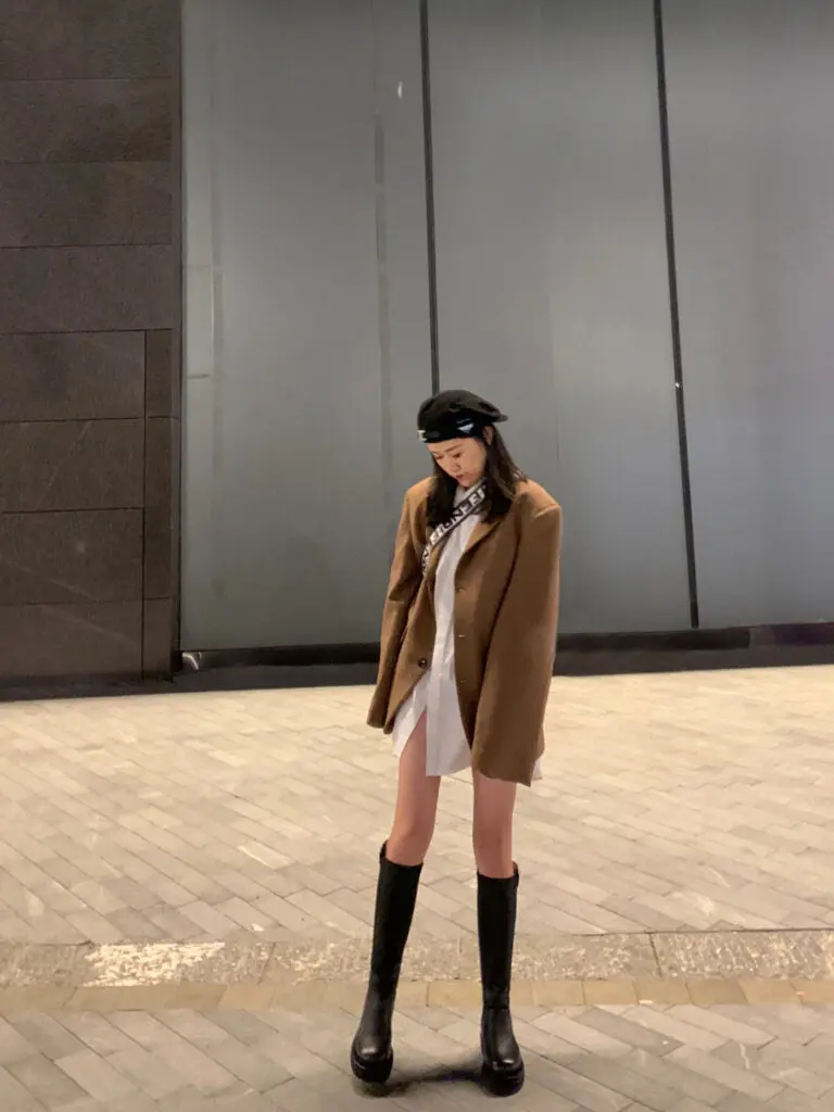 羊皮版~小个子高跟长筒靴女冬粗跟增高真皮厚底骑士靴高筒靴长靴