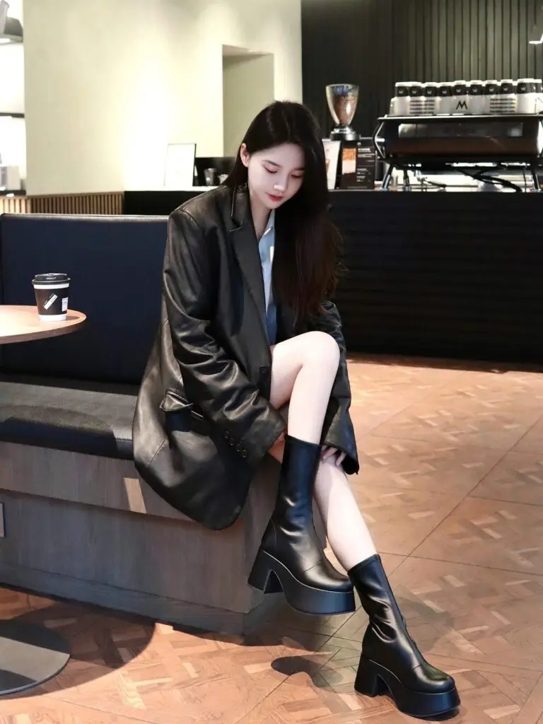 巨显腿长！ss小个子厚底增高瘦瘦靴防水台超高跟弹力短靴马丁靴