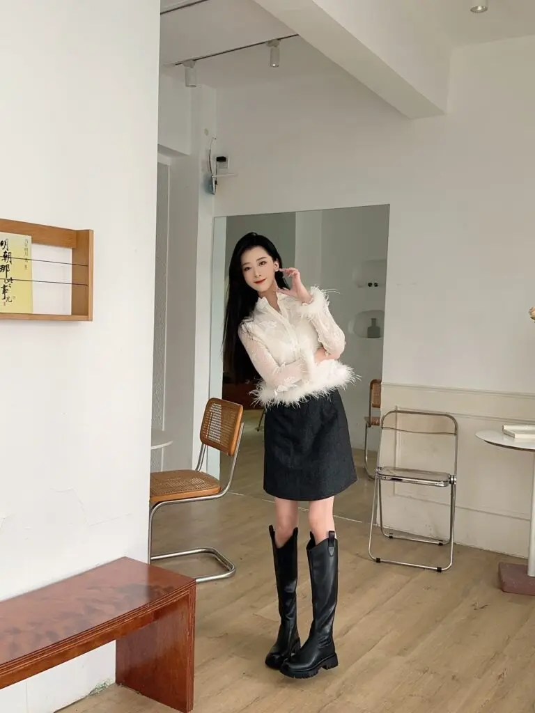 达芙妮厚底长筒靴女靴子秋冬季显瘦黑色长靴不过膝骑士靴