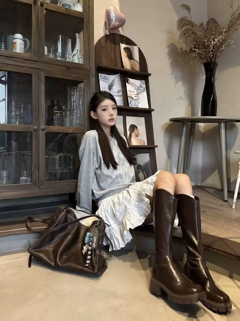 香港12cm高跟长靴秋冬不过膝厚底粗跟增高筒棕色长筒靴女