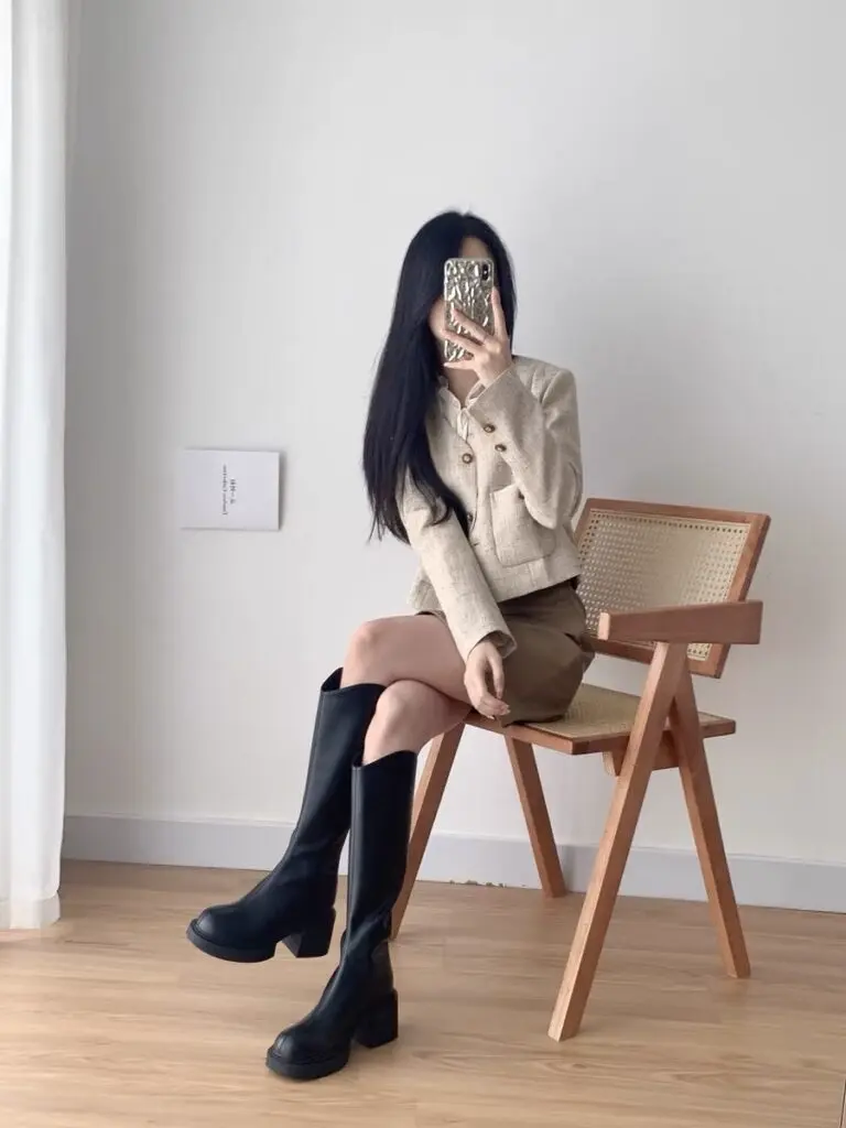 香港真皮12CM高跟不过膝长骑士厚底增高筒长筒靴女