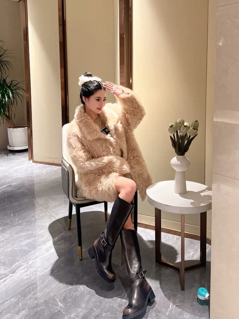 田曦薇同款73hours女鞋安可舞台棕色雅丹风长筒骑士靴