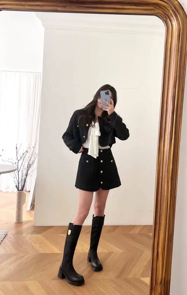 非侈Feichi 显腿长~真皮厚底骑士靴女复古百搭高跟法式长筒靴