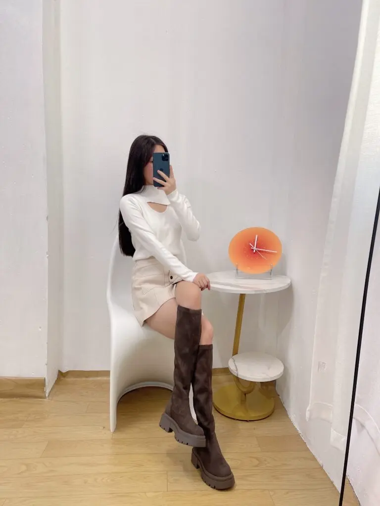 Tata他她厚底弹力长筒靴女靴棕色复古加绒美拉德靴子冬季WD802DG3