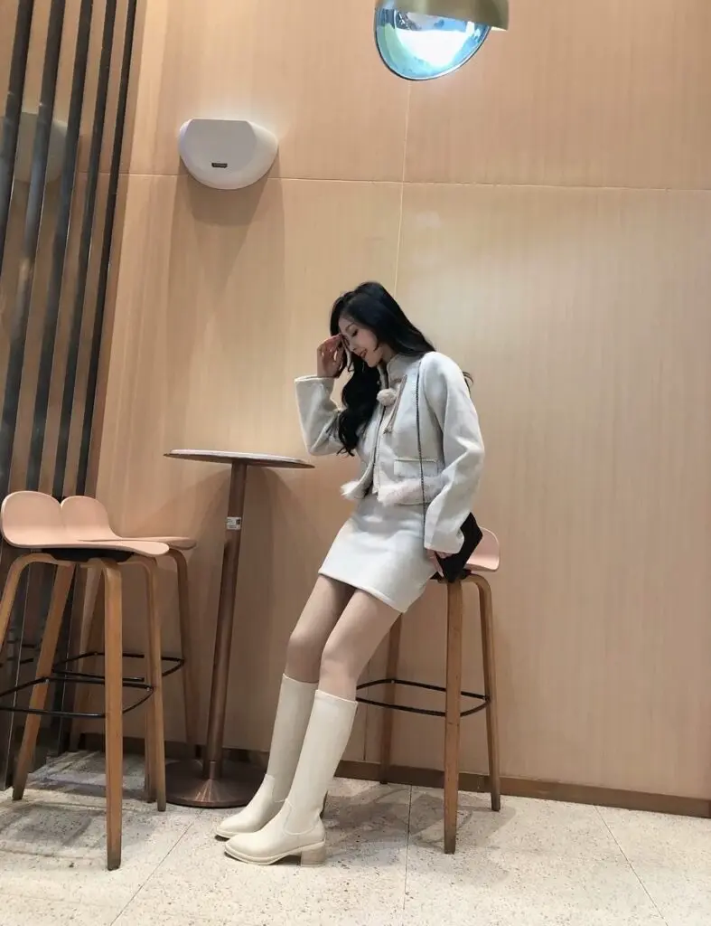 一力米灰 巨显腿细~！不过膝弹力瘦瘦靴高筒骑士靴粗跟白色长靴女