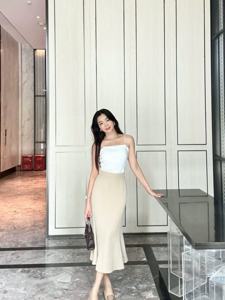 [March rose]鱼尾半身裙女 高腰中长款米白色卡其色包臀裙子